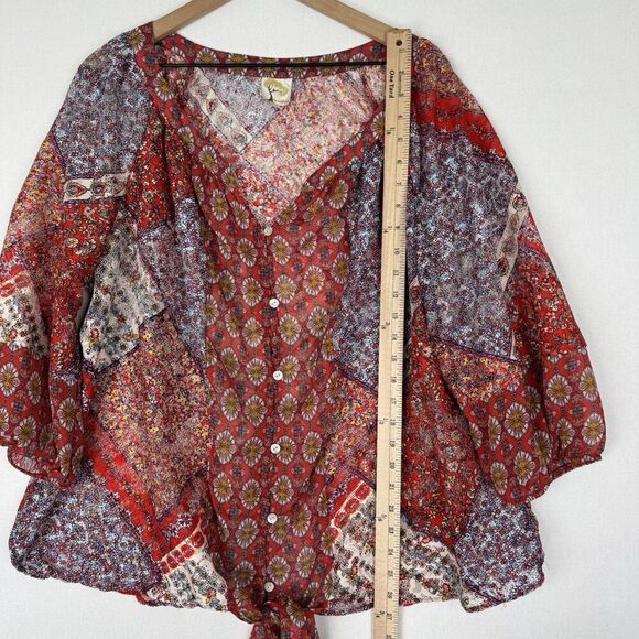 Fig and Flower Top Womens 3X Plus Floral Sheer Button Up Tunic Boho Tropical - Picture 15 of 16